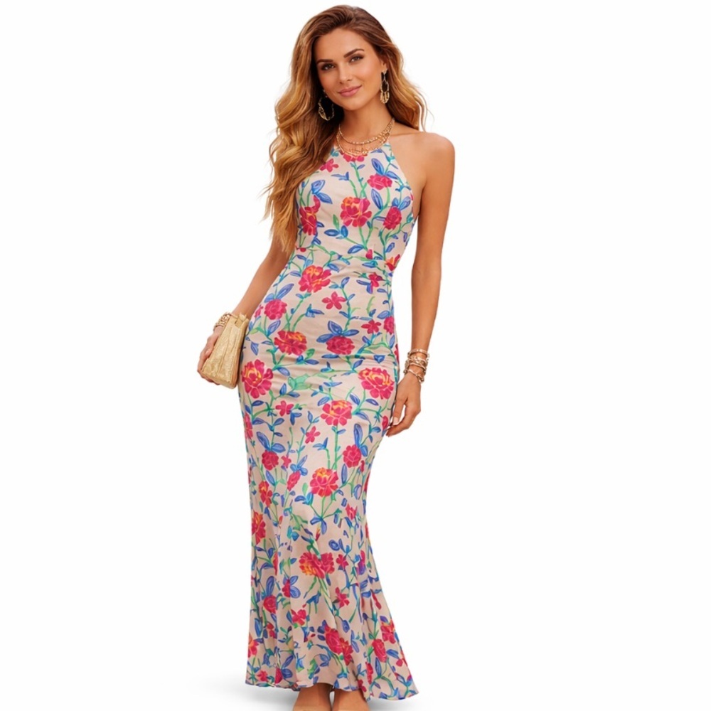 Mystic Tan Floral Emboridered Romantic Cottagecore Halter Maxi Gown Dress Size S